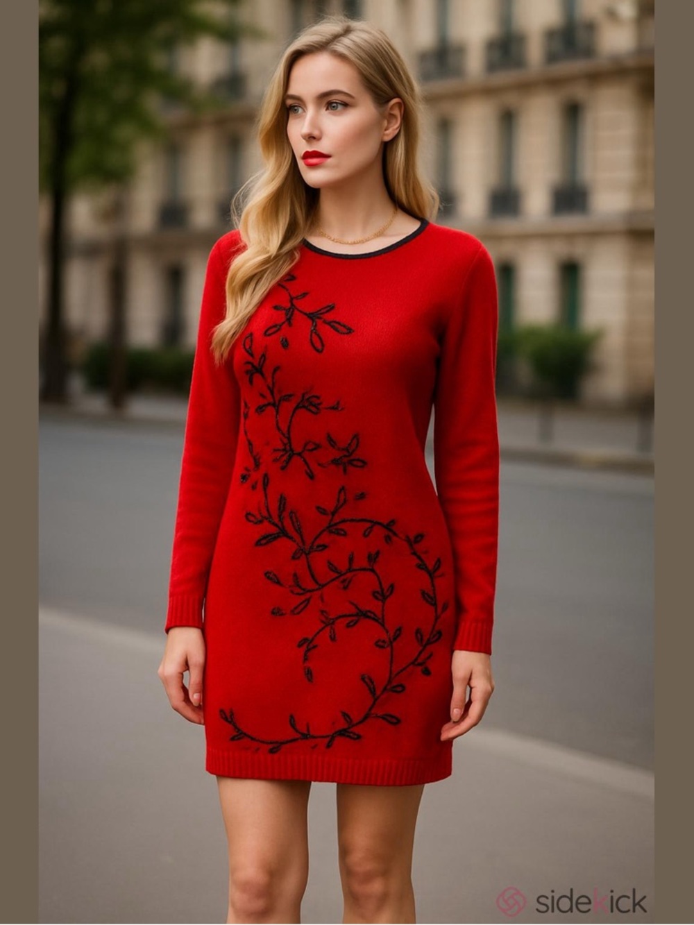 Vintage East West Red Embroidered beaded Sweater Dress -Sz M